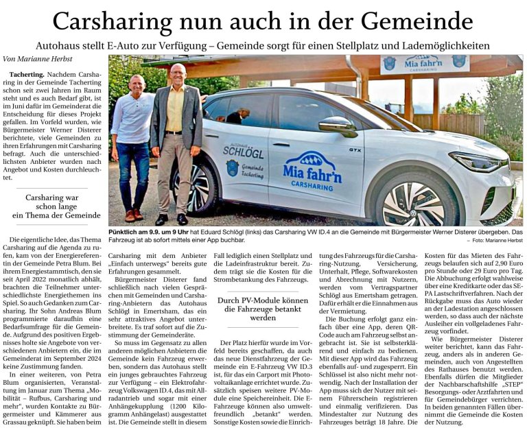 Artikel Carsharing Gemeinde Tacherting 2025